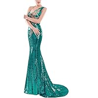 Women's One Shoulder Sequins Decals Mermaid Tail Ball Gown