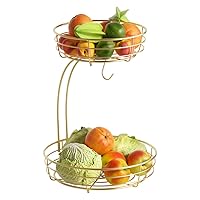 2-Tier Countertop Fruit Vegetables Bowl With Banana Hanger, Vegetable Produce Storage Baskets for Kitchen, Fruits Stand Holder Organizer for Bread Snack Veggies - Gold