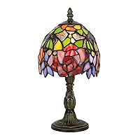 Tiffany Style Table Lamp 6 Inch, Vintage Stained Glass Mini Night Light, Red Rose Flower Bedside Bedroom Desk Lamps for Living Room
