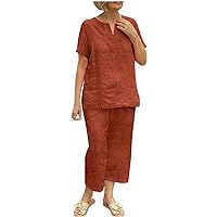 Cruise Outfits for Women 2 Piece Linen Summer Sets Short Sleeve Tops and Wide Leg Pants Soft Lounge Sets Matching Set