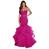 Women's Lace Applique Tulle Prom Dresses Long Mermaid Ruffles Sparkly Formal Evening Party Gown