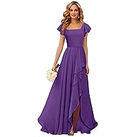 Purple Bridesmaid Dress Short Ruffle Sleeve Square Neck Long Mother of The Bride Dresses for Wedding Size 12