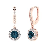 Clara Pucci 3.55 ct Round Cut Halo Solitaire Natural London Blue Topaz Pair of Lever back Drop Dangle Earrings Solid 14k rose Gold