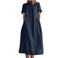 Women's Casual Cotton Linen Maxi Dress Crew Neck Summer Short Sleeve T Shirt Dress Loose Linen Dresses with Pockets