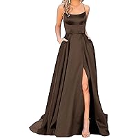 Women's Satin Prom Dresses Long Ball Gown with Slit Backless Spaghetti Straps Halter Formal Evening Party Dress (Brown,16 Plus,US,Numeric,16,Regular,Regular)