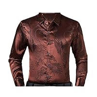 Wine Red Smooth Silk Satin Shirt Men Chinese Dragon Jacquard Mens Slim Fit Long Sleeve Button Down Dress Shirts