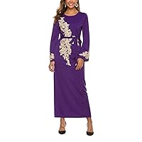 Women's Elegant Muslim Long Dress Plus Size Crewneck Long Slit Sleeve Dubai Dress Kaftan Pearl Sparkle Sequin Abayas Islamic Abaya Robe Formal Evening Gown with Waist Belt(Purple XL)
