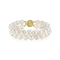 The Pearl Source 14K Gold AAAA Quality Round White Double Freshwater Cultured Pearl Bracelet for Women