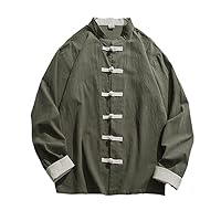 Men Chinoiserie Stand-Up Collar Cardigan Retro Long-Sleeved Shirt Mens Linen Shirts Japanese Kimono Men's Hanfu Tops