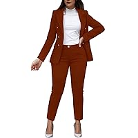 Womens 2 Piece Casual Matching Outfits Office Work Lapel Collar Blazer Jackets with Straight Leg Pants Suits Set