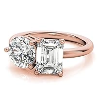 2.0 CT Toi Et Moi Moissanite Engagement Ring For Woman Round & Emerald Shape Moissanite Wedding Ring For Her Sterling Silver Antique Two Stone Vintage Anniversary Promise Gifts For Her