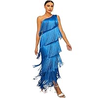 Elegant Blue Tiered Fringe Party Dress Women One Shoulder Sleeveless Cocktail Prom Dresses