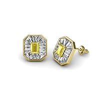 Emerald Cut Yellow Sapphire Baguette Natural Diamond 1 1/2 ctw Women Milgrain Stud Earrings 14K Gold