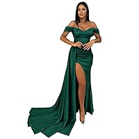 Off Shoulder Mermaid Prom Dress Long with Train for Women Formal Wedding Dress Wrap Satin Ruched Evening Gowns with Slit