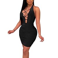 Antopmen Women Summer V Neck Sleeveless Front Lace Up Backless Ruched Bodycon Mini Club Dress