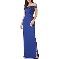 JS Collections Women's Stretch Crepe Off Shoulder Column Gown with Pearl Beading and Wearer`s Left Side Seam Skirt Slit
