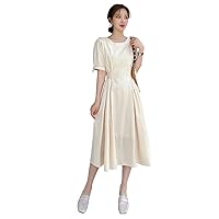 Dresses for Women Summer 2022 Plicated Detail Puff Sleeve Tie Back A-Line Midi Dress (Color : Beige, Size : Medium)