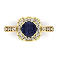 Clara Pucci 1.36ct Round Cut Halo Solitaire Genuine Simulated Blue Sapphire Engagement Promise Anniversary Bridal Ring 18K Yellow Gold