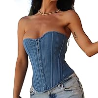 Women's Denim Tank Top Corset Bustier Blue Jean Bodysuit Bra Streetwear Cami Detachable Straps Push Up Vest Criss Cross Adujustable Back (Style 10)