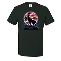 American Wolf Howling at The Moon USA United States Flag Patriotic Mens T-Shirts, Forest Green, Medium