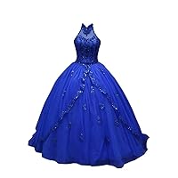 High Neck Tulle Sequin Rhinestones Quinceanera Prom Dress Ball Gown Keyhole Back 2024 Long