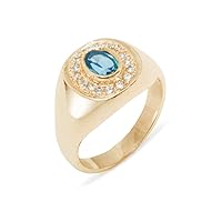 14k Rose Gold Natural Blue Topaz & Diamond Mens Signet Ring - Sizes 6 to 12 Available (0.14 cttw, H-I Color, I2-I3 Clarity)
