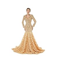 Women's Long Sleeves Sequins Mermaid Prom Dress Lace Evening Dress V Neck Party Gowns with Rose Flowers Train