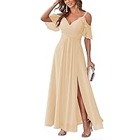 Lindo Noiva Ruffles Sleeves Bridesmaid Dresses for Women Long Slit Chiffon Prom Evening Gowns with Pockets LNL048