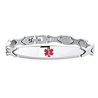 Bling Jewelry Personalize Western Motif Leaf Shaped Link Chain Fashionable Name Plated Red ID Medical identification Bracelet For Men Teen Silver Tone Stainless Steel 7.5 Inch Customizable