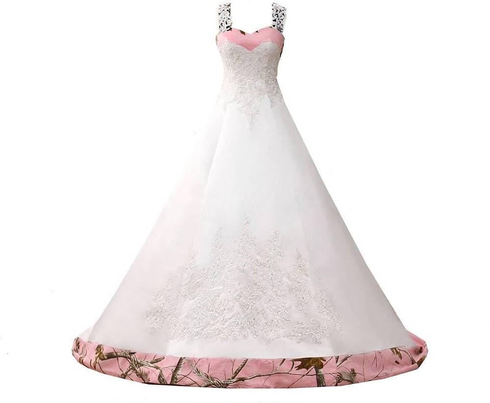 DINGZANCAMO Stiching Pink Camo and Lace Applique Wedding Dress for Bride 2024 with Straps