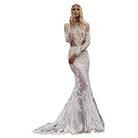 Women's High Neck Illusion Lace Bridal Ball Gowns Train Mermaid Wedding Dresses for Bride Long Sleeve