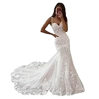 Women's Spaghetti Straps V Neck Tulle Wedding Dress with Split A Line Lace Appliques Bride Dress SF033