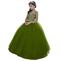 Girl's Off Shoulder Long Pageant Dresses Princess Tulle Beaded Straps Birthday Party Dress Army Green