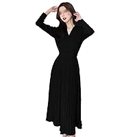 Women's Knitted Dress with Belt Single-Breasted Autumn Winter Thicken Sweater Dress A-Line Soft Elegant Pleated Skirt