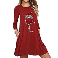 Women's Dress, Christmas Wine Glass Print Long Sleeve Slim Dress