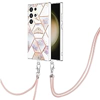 Compatible with Samsung Case Galaxy S24 Ultra, TPU IMD Personalized Marble Crown Plaid Flower Series Slim Phone Cases with Scratch-Proof Shockproof Back Protective Cover with Long Lanyard