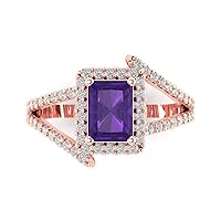 2.2 ct Emerald Cut Solitaire W/Accent Halo Criss Cross Natural Purple Amethyst Anniversary Promise ring 18K Rose Gold