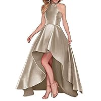 Women's High Neck Long Prom Dress Satin Backless Evening Party Dress Champagne