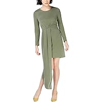 Women's Asymmetric Pleated Long Sleeve Mini Dress Green Size L