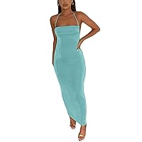 Women Sexy Long Dress Bodycon Open Back Tie Up Solid Color Halter Neck Sleeveless Summer Clubwear Beach Dress