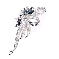 FAIRY COUPLE White Gold Finish Flowers Floral Pin Brooch with Sapphire Blue and Clear Crystals BR133