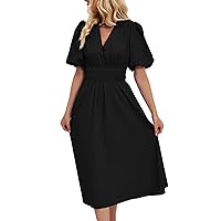 Puffy Sleeves Dress for Women, Women's V Neck Bubble Short Sleeved Temperament Pleated High Waisted Party, S XL