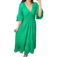 Womens Summer Casual Layered Bell Half Sleeve V-Neck Ruffle Hem Maxi Sundress High Waist Embroidery Plus Size Dresses