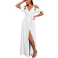 Women's Cold Shoulder Wrap Formal Maxi Dresses V-Neck Chiffon Bridesmaid Dress for Wedding with Slit R028