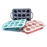 （3pcs） 12 hole cake tray silicone mold stainless steel side silicone cake baking mold，Gray, pink, green