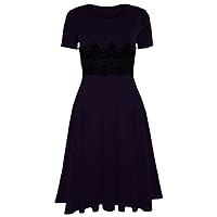 Oops Outlet Women's Cap Sleeve Waist Lace Insert Flared Skater Midi Dress Plus Size (US 24/26) Purple