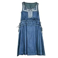 Sleeveless Denim Dresses for Women Long Mid-Calf Embroidery Vintage Chinese Style Dresses