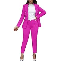 Womens Two Piece Casual Matching Outfits Business Button Down Blazers Jackets with Slim Fit Pants Suits Set