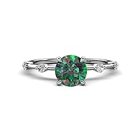 Created Alexandrite set in Tiger Claw Four Prong Side Spaced Round Natural Diamond of 1.11 ctw Women Engagement Ring in 14K Gold