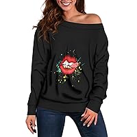 Woman’s Sweatershirt Lips Print Causal Loose Fit T-Shirt Off Shoulder Long Sleeve Crewneck Pullover Tops